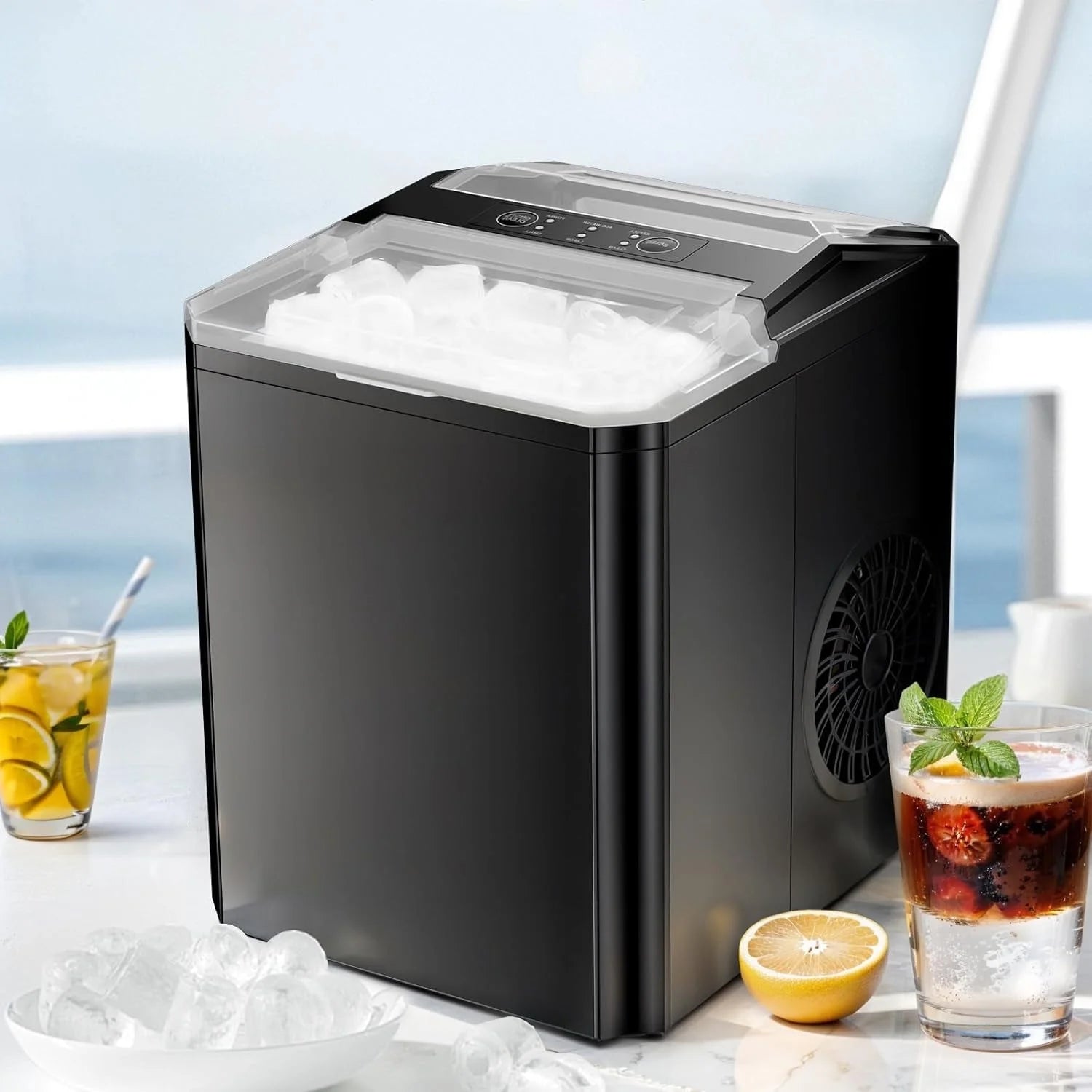 Ice Maker, Portable Countertop Icemaker Machine, Self Cleaning Quiet 2 Sizes Bullet Cubes Makers, 9 Cubes in 6 Mins, 26Lbs/24Hrs with Ice Scoop, Basket for Home Kitchen Party,Black